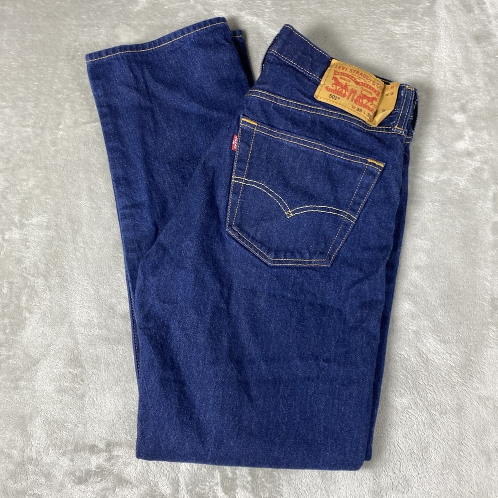 Levis 501 Original Fit Jeans Mens 33x32 Dark Indigo Blue Straight Leg Denim